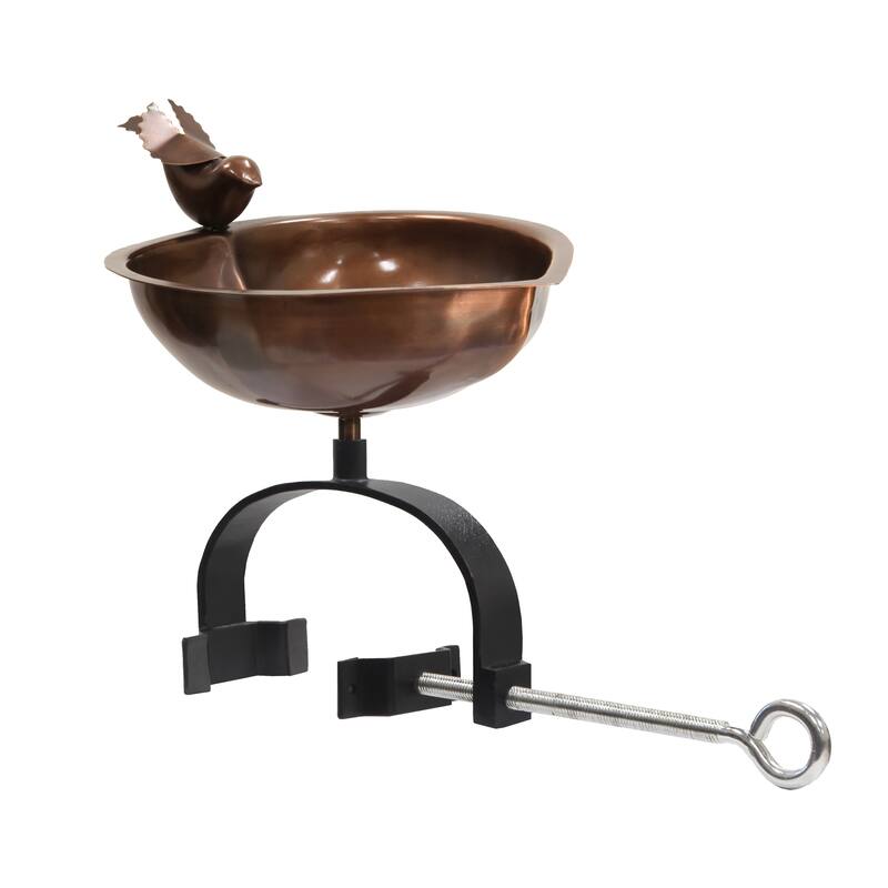 Achla Designs 14.25"L Antique Copper Stainless Steel Heart Shaped Birdbath w/ Wrought Iron Over Rail Bracket - Brown
