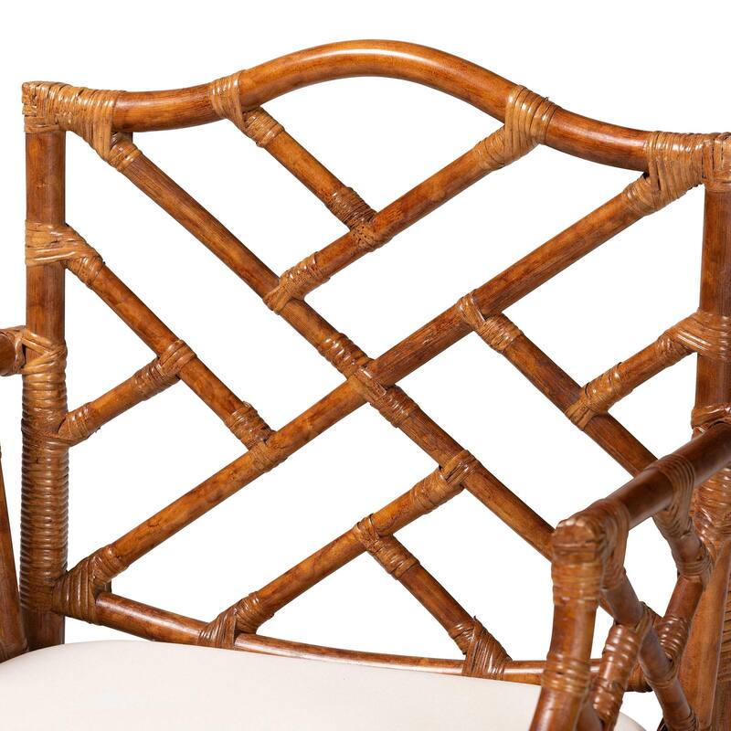Aella Marbled Tortoise Natural Rattan Armchair - Handcrafted Wicker Accent Seating with Open Back, Boho Coastal Seating