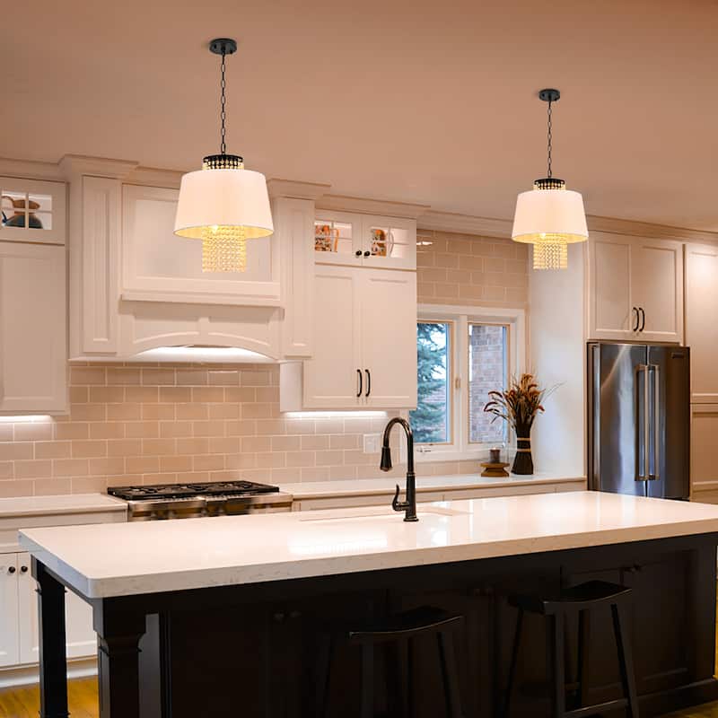 Contemporary 3 - Light Chandelier, White Fabric Shade and Crystal Drops, Black Chain - Matte Black