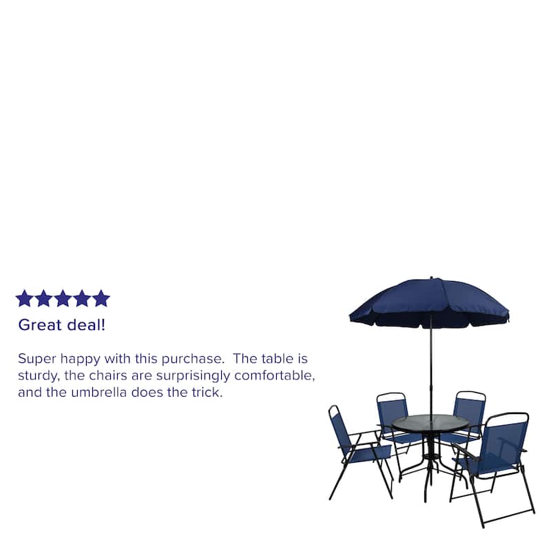 Nantucket 6 Piece Patio Garden Set with Table, Umbrella and 4 Folding Chairs