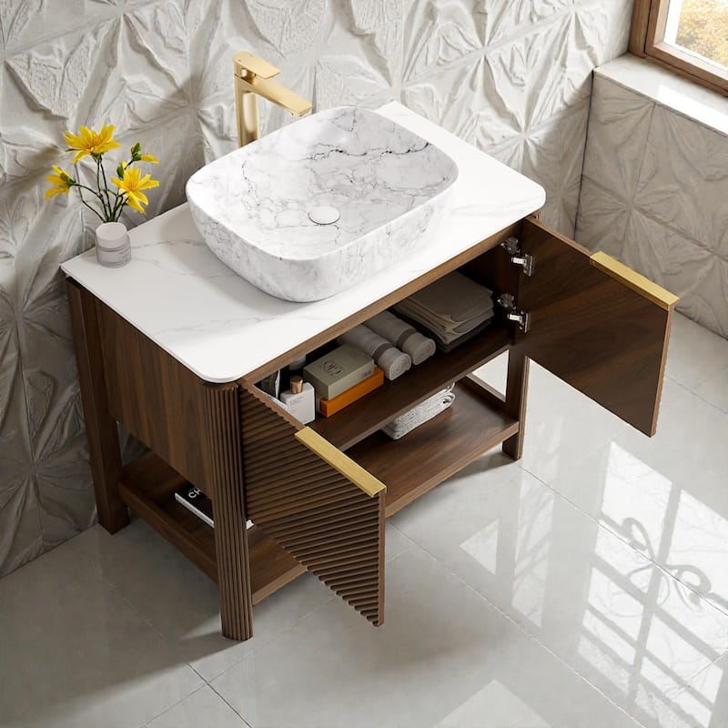 36" Freestanding Bathroom Vanity with Marble Pattern Ceramic Sink, Carrara White Sintered Stone Top & Woodgrain Storage Cabinet