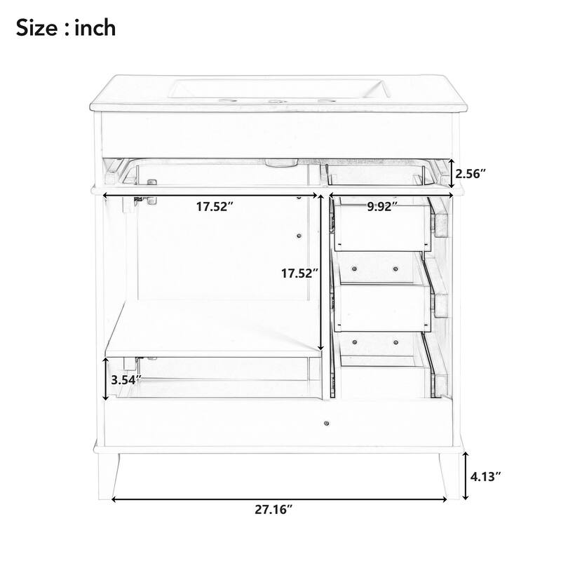 Traditional 30 Inch Bathroom Vanity with Sink, 3 Soft-Close Drawers, Adjustable Storage, Gold Hardware, Freestanding