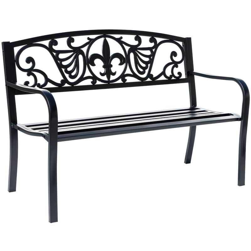 Ornate Backrest Outdoor Garden Bench with Curved Armrests - 50" - Black