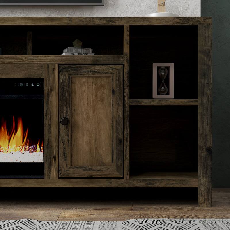 Bridgevine Home Joshua Creek 84 inch Electric Fireplace TV Stand for TVs up to 95 inches, Barnwood Finish