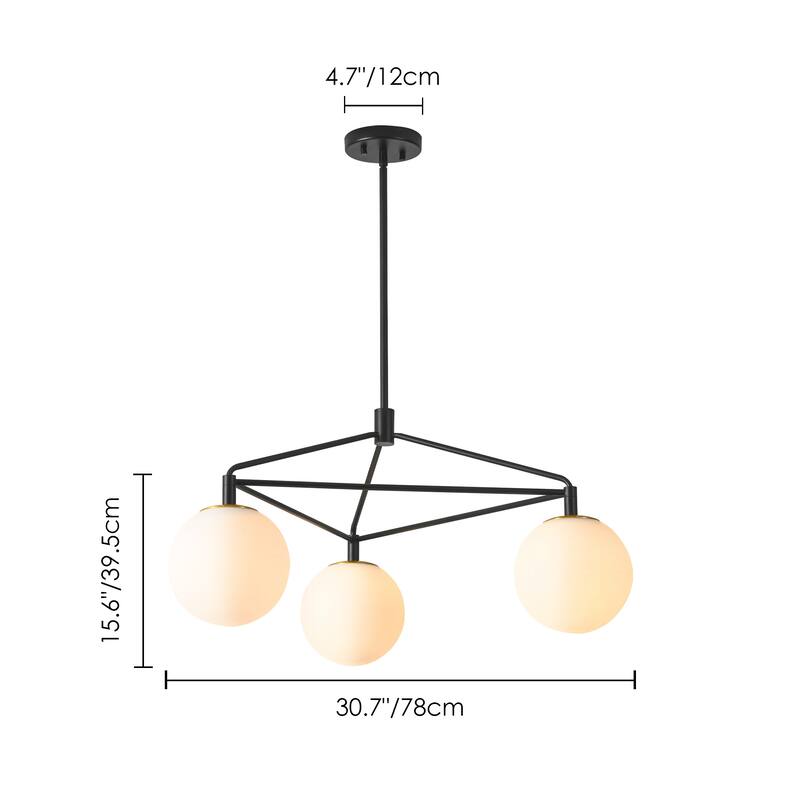 3-Light 30.7" W Modern Black Geometric Framework Design Metal Opal Bubble Glass Globe Chandelier for Bedroom, Living Room