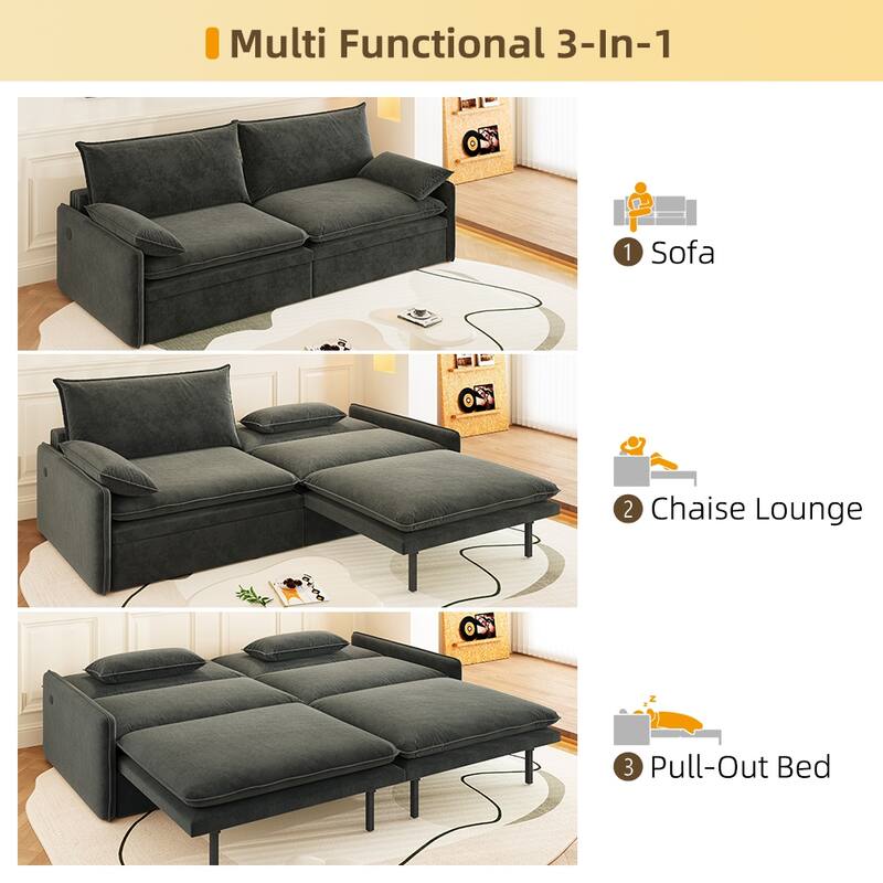Modern Convertible Sofa Bed, Chenille Fabric Couch with Pull-Out Sleeper Bed, Living Room Loveseat with USB Port, Hidden Storage