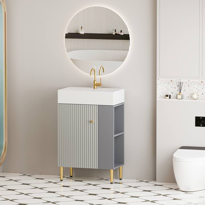 Open-shelving Bathroom Vanity with Ceramic Sink and Soft-Closing Door, Cloakroom Open Shelf Storage Cabinet on the Left Side