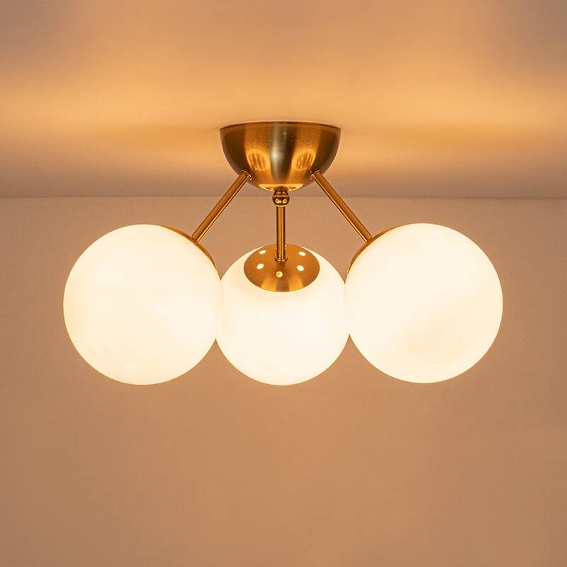 3-Light Brushed Brass Glass Globe Sputnik Semi Flush Mount