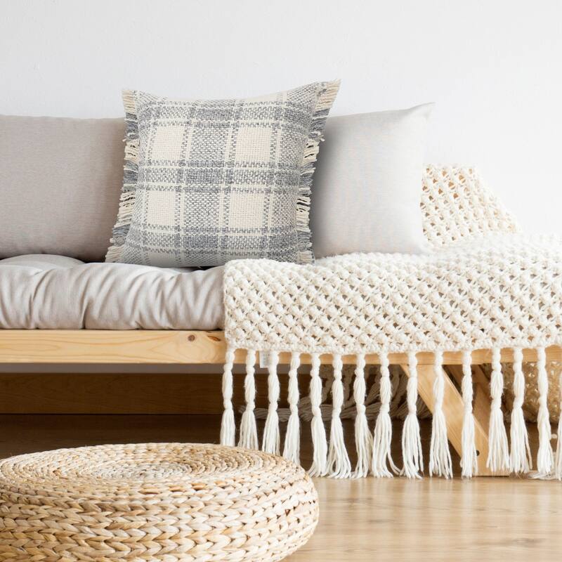 20" Blue and White Plaid Cabin Square Throw Pillow with Fringe