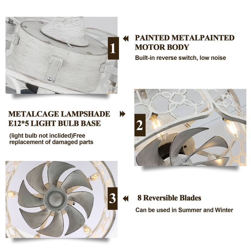 Bella Depot 20" Industrial Flush Mount Ceiling Fan, 3-Speed Reversible Cage Ceiling Fan with Light with Remote