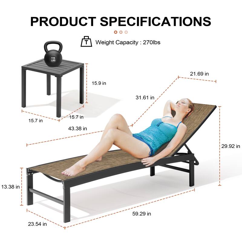 Outdoor Aluminum Chaise Lounge Chairs and Side Table, Sun Lounger with Adjustable Backrest