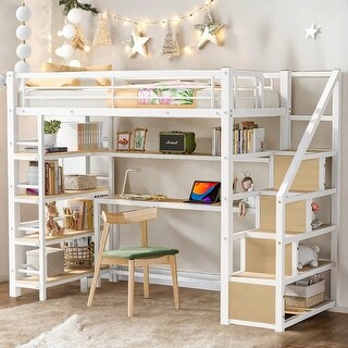 Modern Style Twin Size Metal Loft bed with Staircase, Built-in Desk and 4-tier Shelves, Ample Storage Space, Sturdy Frame, White