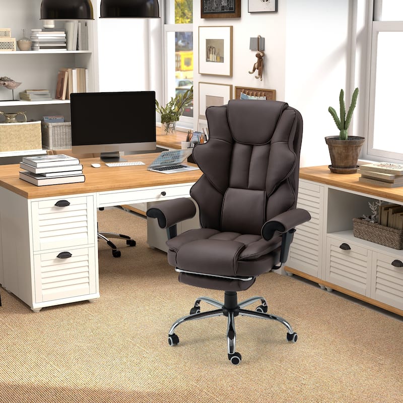 Ergonomic 6-Point Massage Office Chair with Heating, Reclining Function, Retractable Footrest, and Adjustable Armrests - Brown
