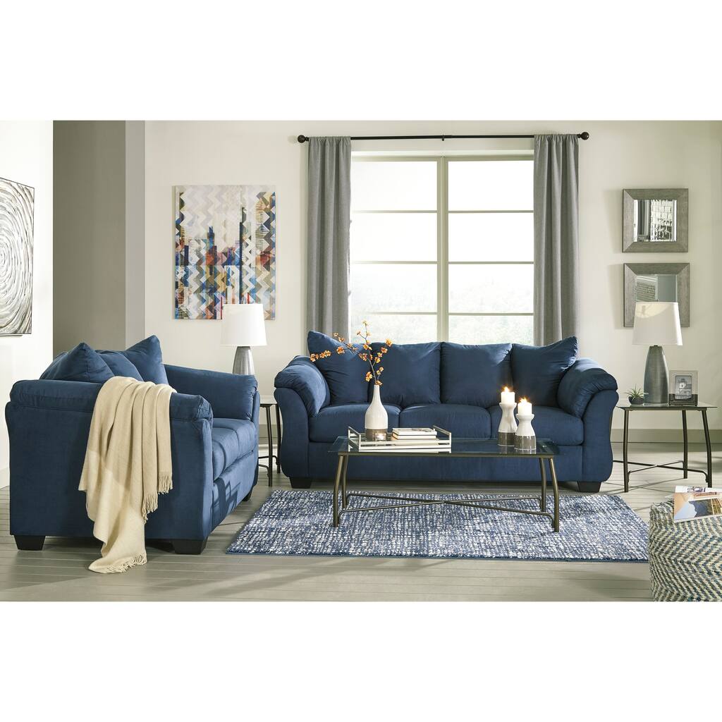 Aruca Navy Blue Microfiber Pillow Back Sofa and Loveseat Set