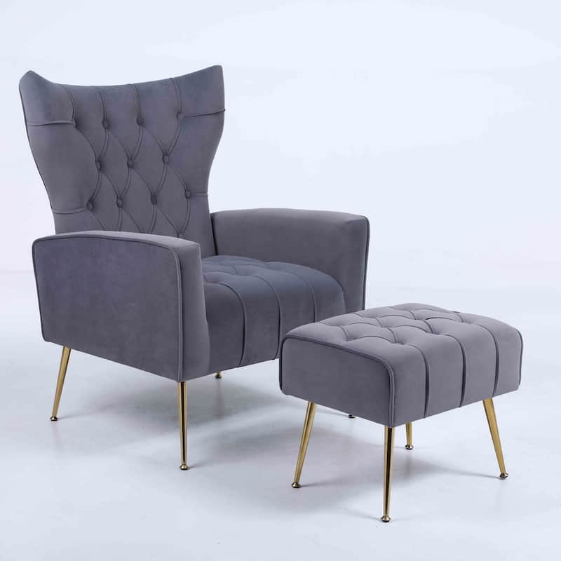 Modern Upholstered Accent Chair with Ottoman and Metal Legs for Living Space - Dark Grey