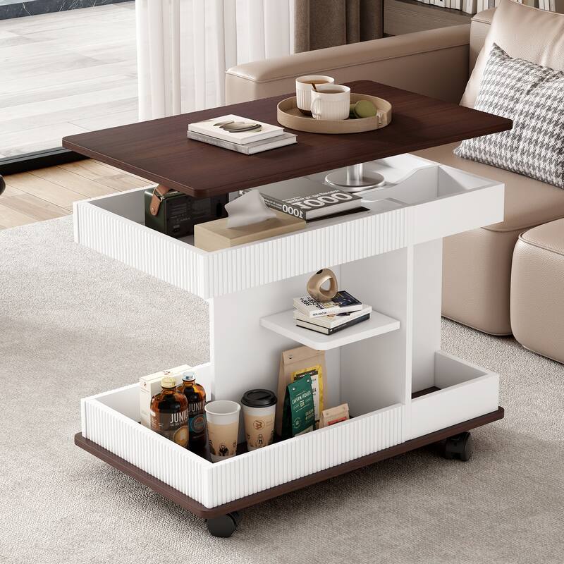 Adjustable End Table Sofa Side Table with Wheels, Multifunctional Cocktail Table Center Table with Shelves - Brown White
