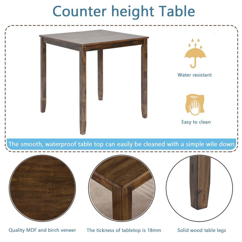 Wooden Dining Square Table, Kitchen Table for Small Space, 4 Person Counter Height Table, Walnut