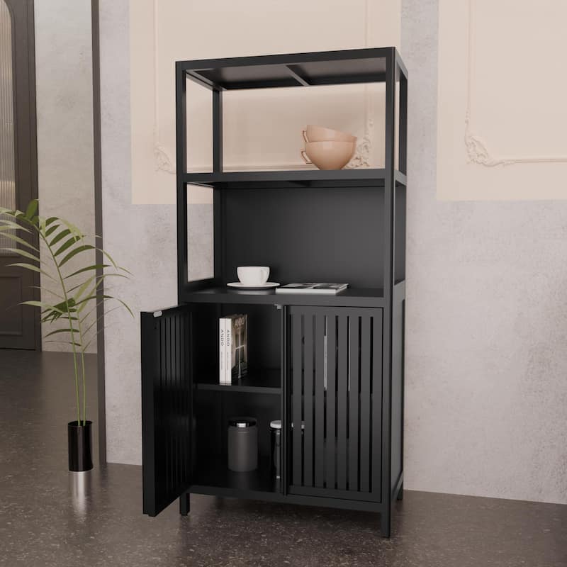 Bamboo Bathroom Cabinet Accent Cabinet with Magnetic Doors, Storage Cabinet with Open Shelves and Wide Tabletop