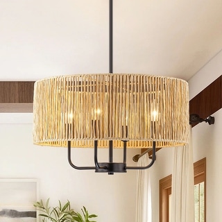 4 - Light Coastal Hand-woven Drum Chandelier - 19.7 in. W x 90.6 in. H