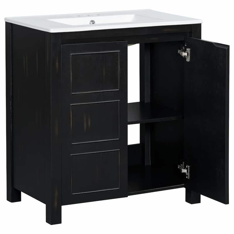 Vintage Style Bathroom Vanity Combo with Ceramic Sink and 2 Soft-close Doors