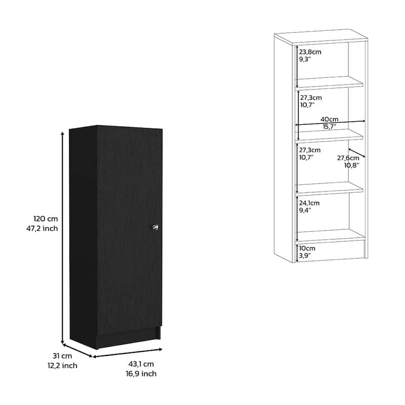 Kitchen Pantry 47" H, One Door Cabinet, Four Interior Shelves, Black