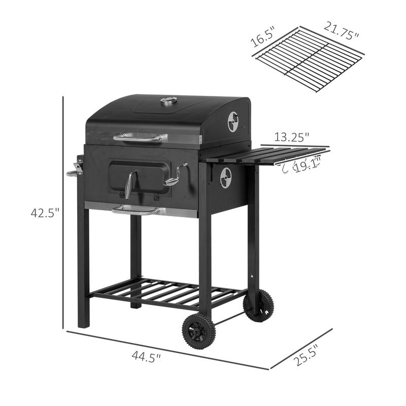 Black Charcoal BBQ Grill with Large Cooking Grates Warming Rack and Heavy-Duty Lid - 44.5" L x 25.5" W x 42.5" H