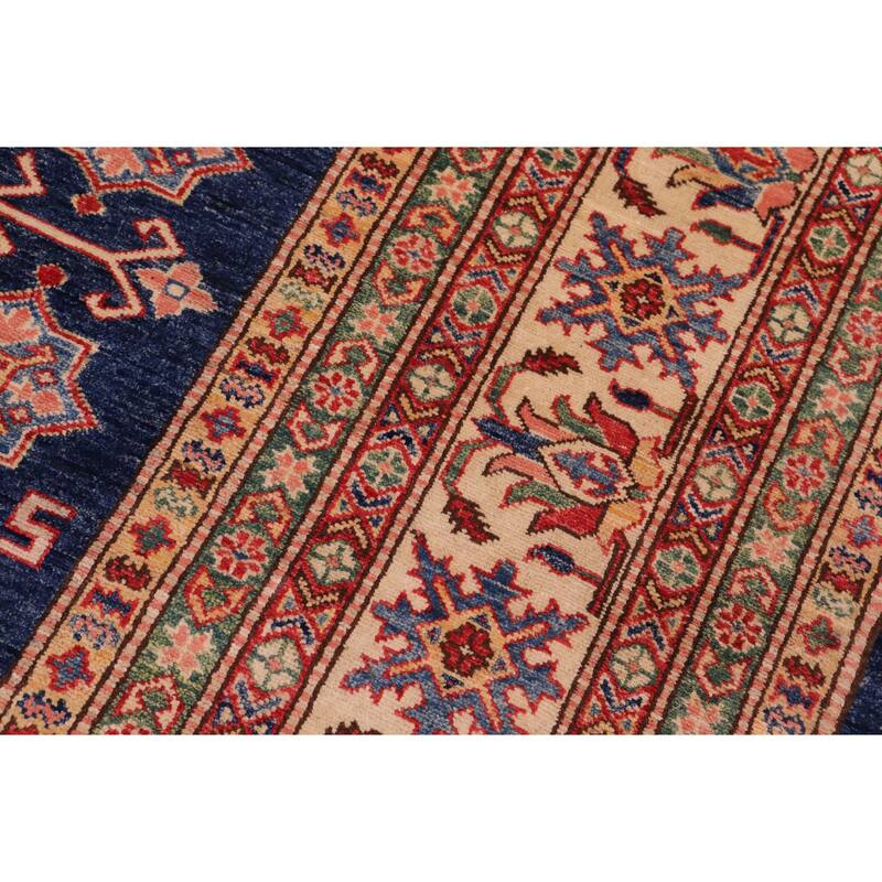 Southwestern Super Kazak Wren Blue/Beige Hand Knotted Wool Rug - 7'10'' x 10'1''