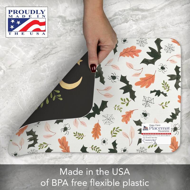 Spooky Season 4 Pack Reversible Easy Care Flexible Plastic Placemats Made in The USA BPA Free Easily Wipes Clean - multi