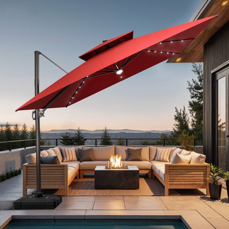 11 FT Square Outdoor Patio Cantilever Umbrella with Solar Lights Wheeled Base Double Canopy 360 Rotation Tilt - Red