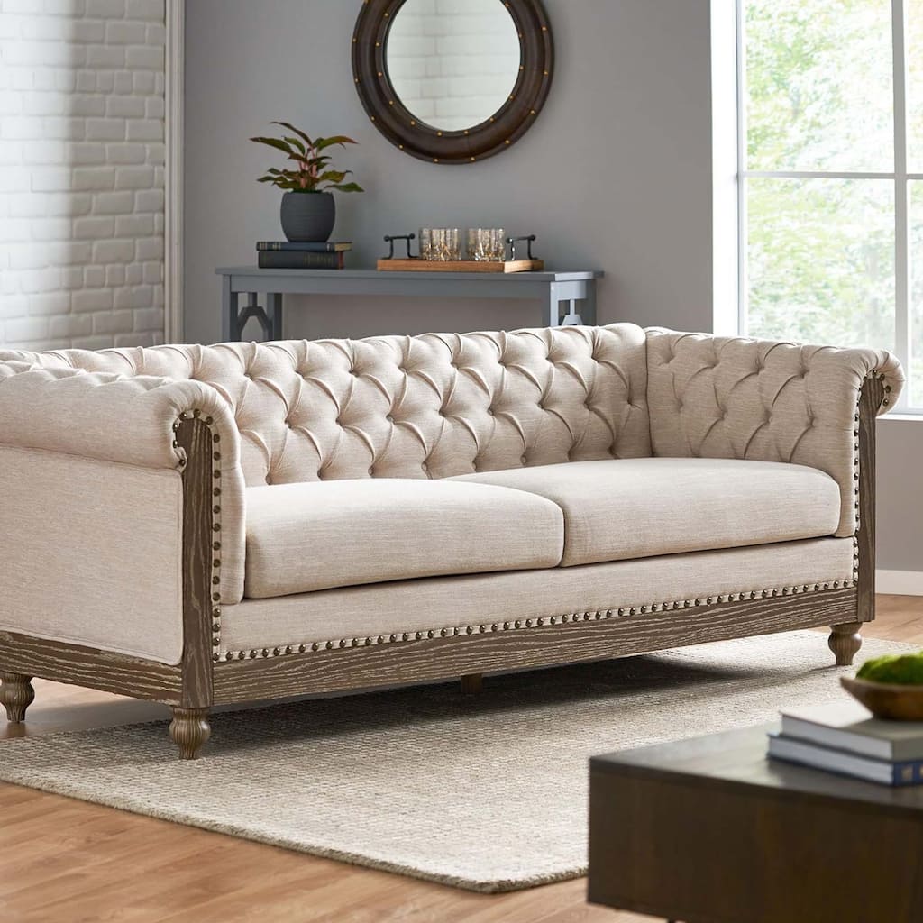 Modern 2 Seat Upholstered Arm Couch, Tufted Backrest Sofa with Nailhead Decoration and Wood Legs for Living Room