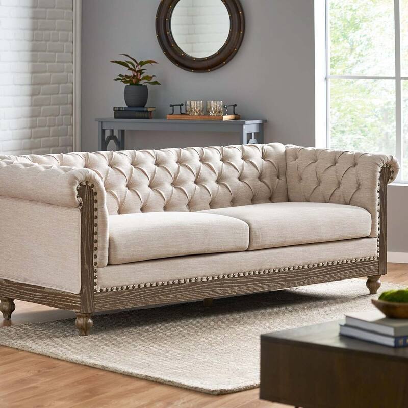 Stylish 3-Seat PU Leather Sofa with Retro Wooden Legs for Living Room and Study, Easy to Clean and Elegant - Beige