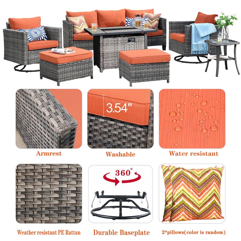 OVIOS 7-piece Wicker Sectional Sofa Swivel Rocking Chair Set With Fire Pit