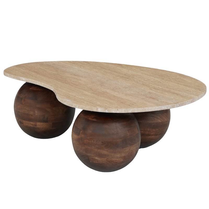 Resh Accent Coffee Table, Curved Natural Travertine Top, Round 3 Balls Wood Base