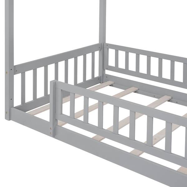 slide 2 of 9, Twin Size Wood Bed House Bed with Roof Fence and Guardrail, Dark Brown Gray - Twin