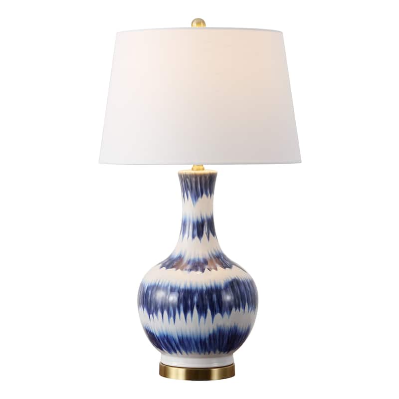 Cora 30.5" Striped Ceramic/Metal LED Table Lamp, Green/White by JONATHAN Y - Blue/White