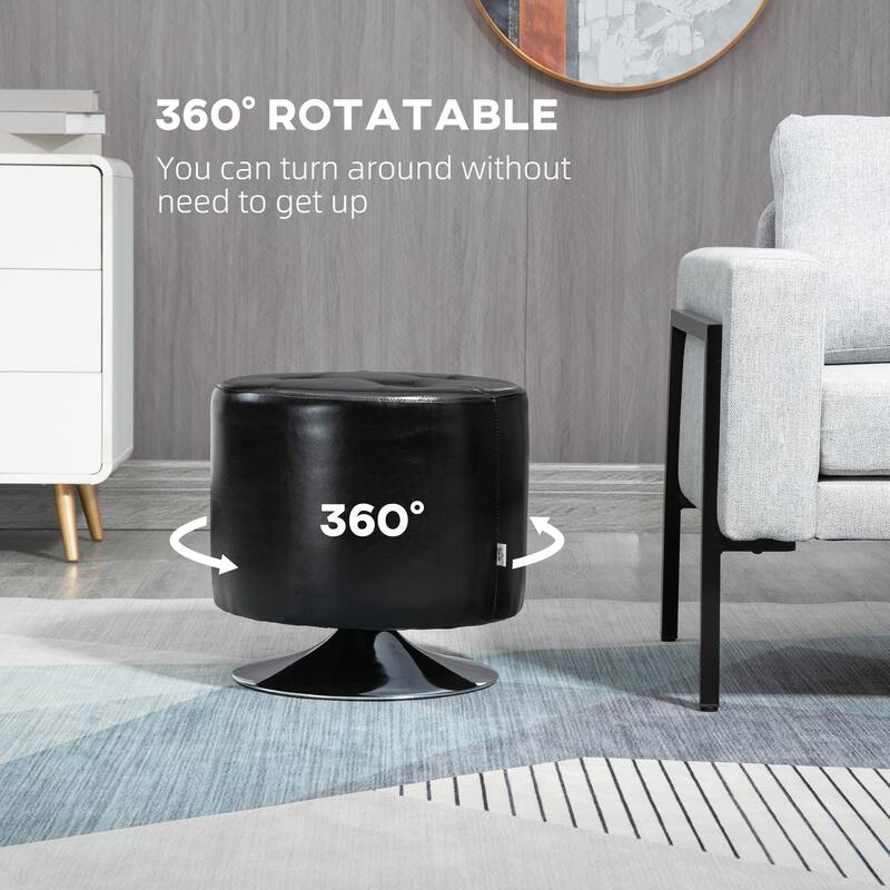 Modern Black PU Swivel Footstool with Button Tufted Seat and Stable Metal Base for Living Room