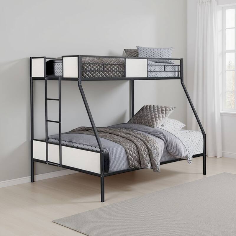 Mely Twin over Full Bunk Bed, Attached Side Ladder, Black and White Metal