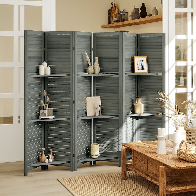 HOMCOM Room Divider, 6 Panel 67" Tall Wood Privacy Screen with 3 Display Shelves, and Folding Storage for Bedroom, Gray - Grey