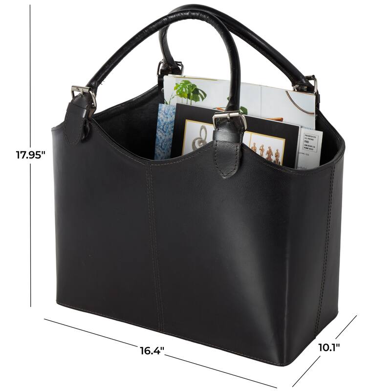 Brown or Black Leather Handmade Box Style Single Slot Decorative Magazine Holder with Detail Stitching and Curved Buckle Handles