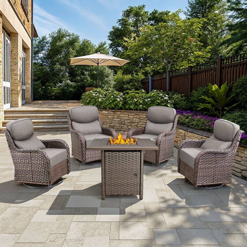 Arcadia 5-Piece Patio Conversation Set with 4 Swivel Glider Chairs and Wicker Square Fire Pit - Gray Cushions - Brown Wicker