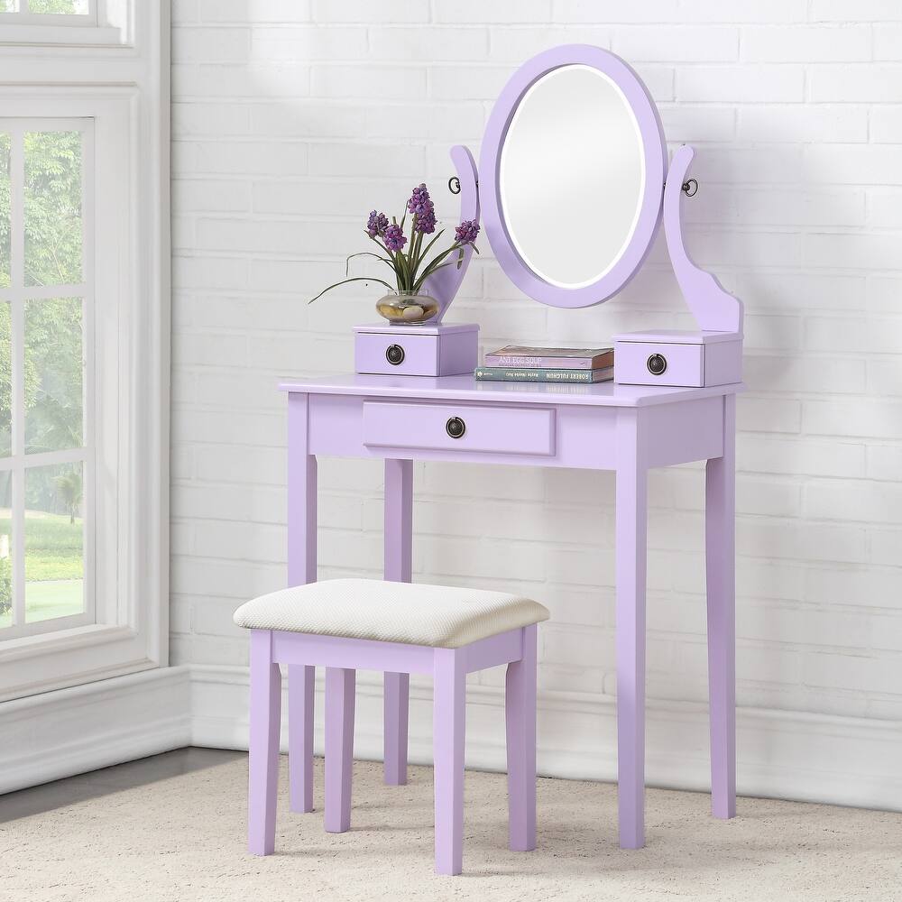 Bedroom Makeup Vanity Desk and Stool Set, Vanity Set Includes Dressing Table, Swivel Adjustable Oval Mirror and Stool
