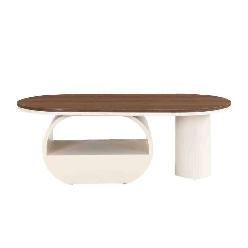 Luxury Oval Coffee Table 47.24 Inch Coffee Table White Metal Coffee Table with Storage Drawer and Shelf, for Living Room