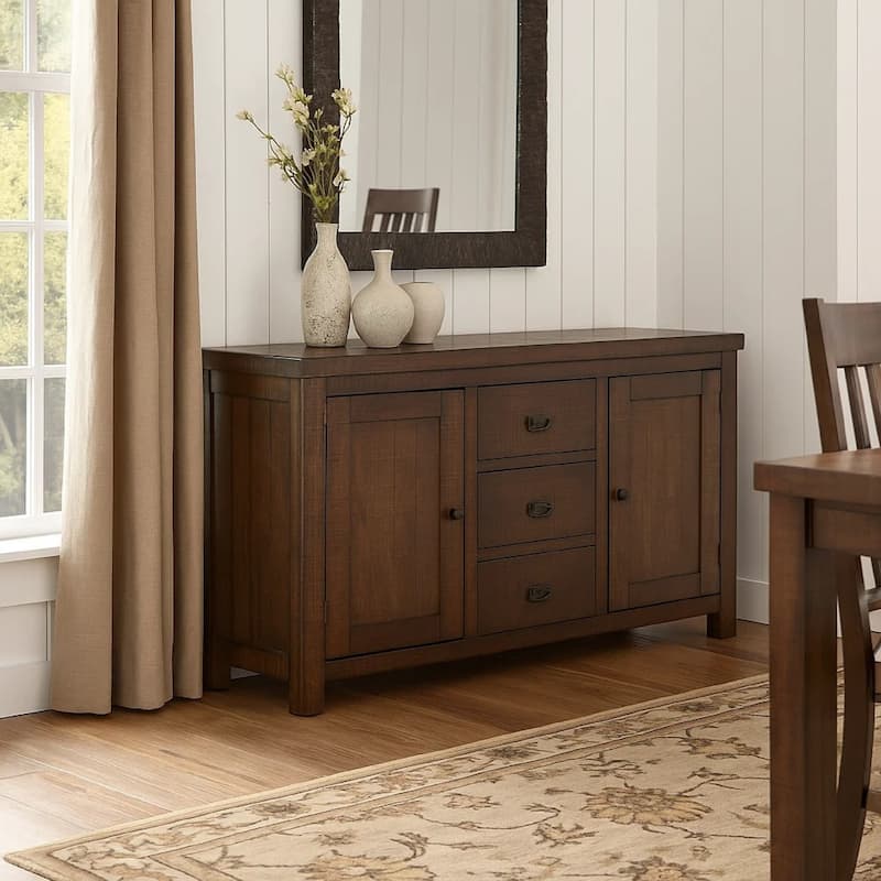 Camie Buffet Cabinet, 3 Drawers, Wine Racks, Brown Mahogany Wood