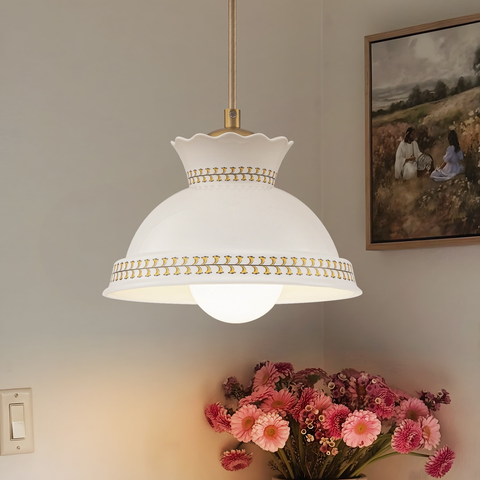 8.46 in. White Ceramic 1-Light Pendant, Adjustable Hanging Chandelier