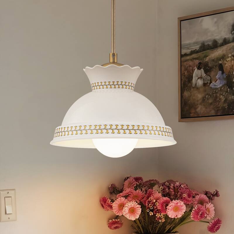 8.46 in. White Ceramic 1-Light Pendant, Adjustable Hanging Chandelier - Gold