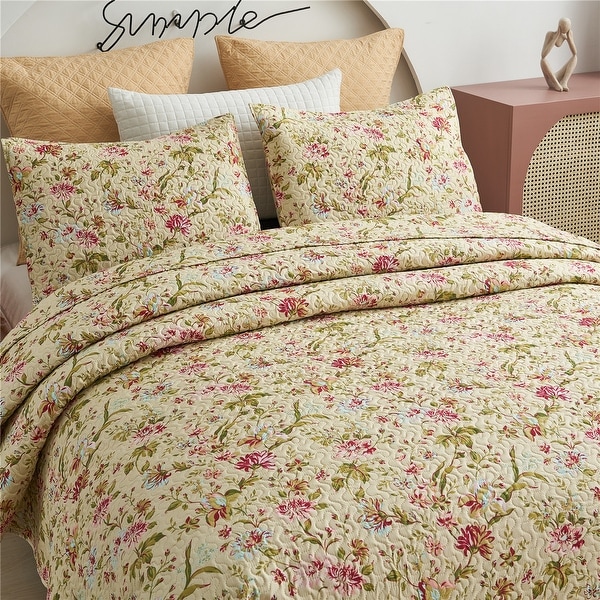 VENETIAN FLOWERS COFFEE ROSE BEDSPREAD QUILTED SET 6 PCS QUEEN SIZE 
