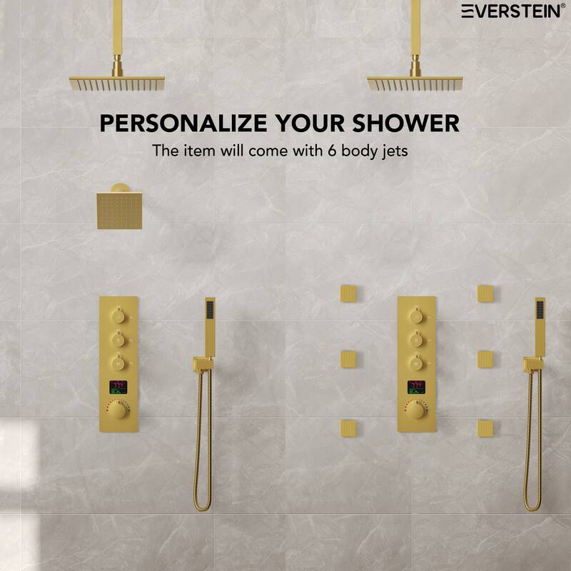 Digital Thermostatic Shower System Faucet Set 12" and 6" Temperature-Sensitive LED Rain Shower Head with Handheld Spray
