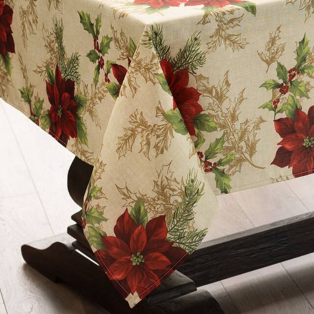 Festive Poinsettia Holiday Fabric Tablecloth