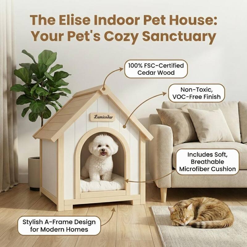 Modern Indoor Wooden Dog House with EVA Cushion, Solid Cedar Pet House for Small Dogs & Cats