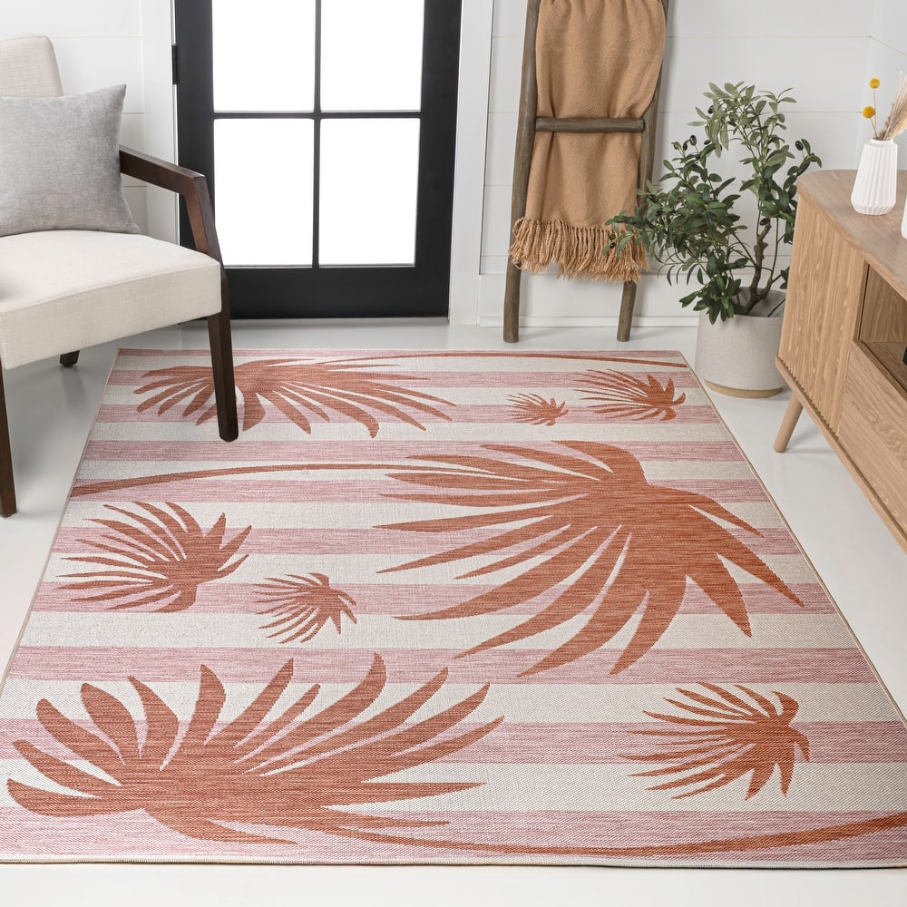 JONATHAN Y Veronica Classic Beach Stripe and Palm Leaf Indoor/Outdoor Area Rug